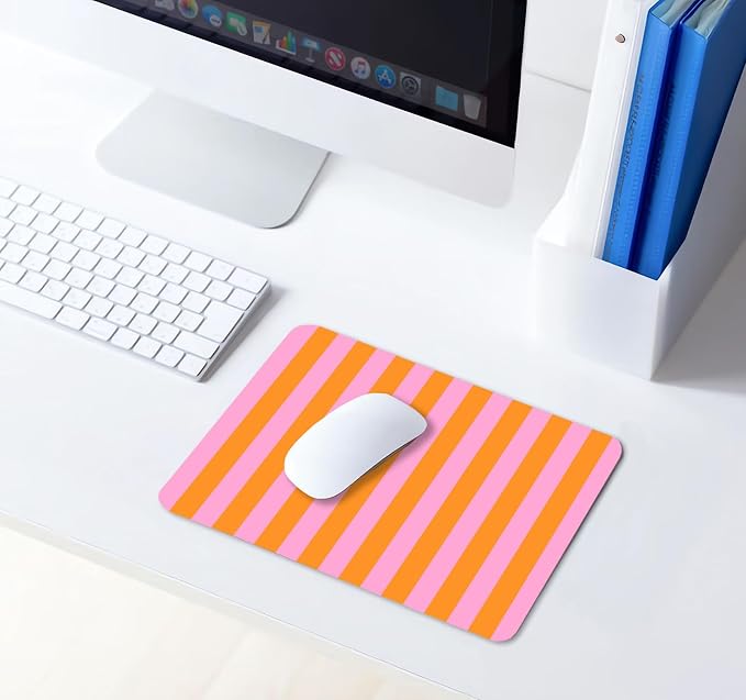 Square Pink and Orange Mouse Pad Small, Cute Vertical Striped Computer Mouse Pads, Non-Slip Rubber Base Aesthetic Mousepad Washable Cloth, Boho Abstract Girly Decor Gifts, Coworker Gift for Girls Kids