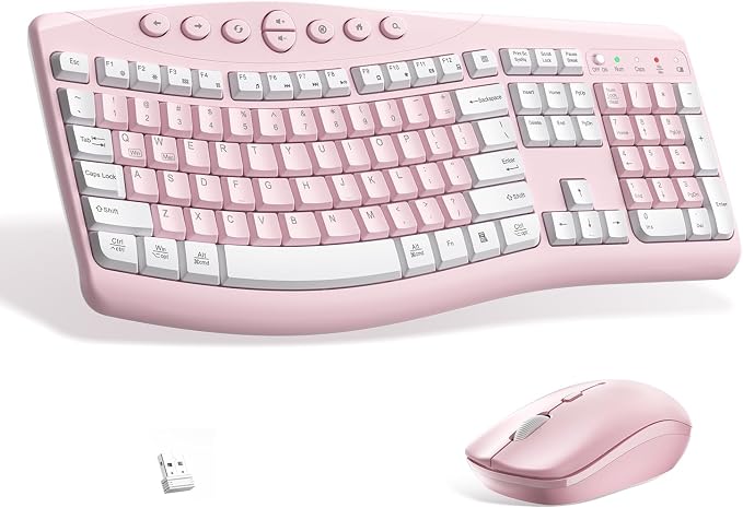 Wireless Keyboard and Mouse Combo Silent Ergonomic Curved Design for Office | 2.4G Full Size Cordless Keyboard with Tilt Legs,3-Level DPI Quite Mouse for Windows,Mac OS/Desktop/Laptop/PC