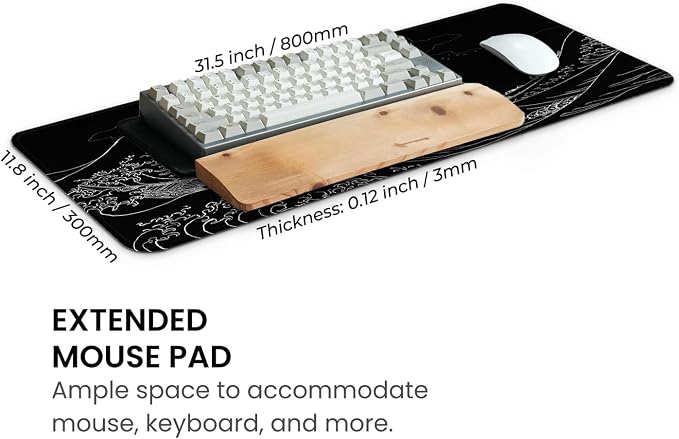 MAY FLOWER Large Gaming Mouse Pad, Full Keyboard Mat, Long Laptop Mousepad, Computer Mouse Mat for Home and Office, Anti-Slip Rubber Base, 31.5 x 11.8 Inches (Black Sea Wave)