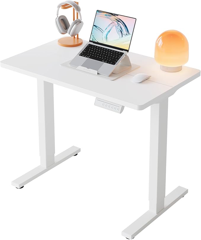 HUANUO 32x19 Inch Small Electric Standing Desk, Adjustable, White | 176 Lbs Capacity, Rounded Corners, Wheel-Ready Feet, Compact Desktop, Apartment Workspace, 28.3–46.5 Inch Height Range