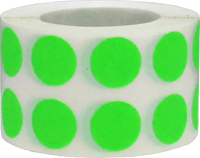 Fluorescent Green Color Coding Labels for Organizing Inventory 0.50 Inch Round Circle Dots 1,000 Total Adhesive Stickers On A Roll