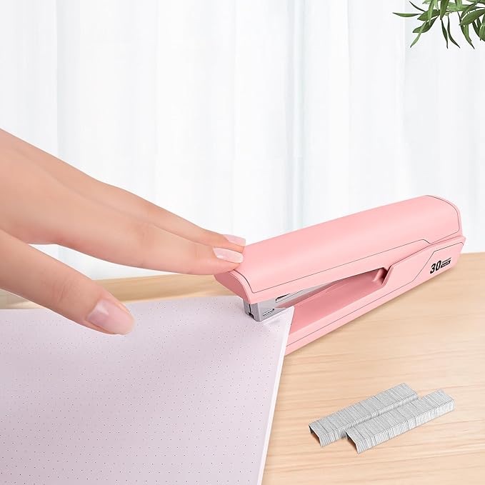 Metal Stapler with 830 Staples, Office Stapler, Staplers for Desk, 30 Sheet Capacity, Non-Slip, Pink