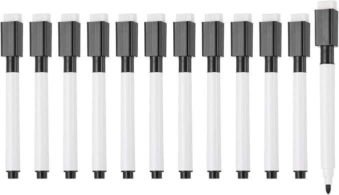 PATIKIL Whiteboard Pen, Fine Tip Dry Erase Black White Board Markers with Eraser Whiteboard Calendar Supplies for Classroom Office, 12 Pcs, 0.5-1mm Tip