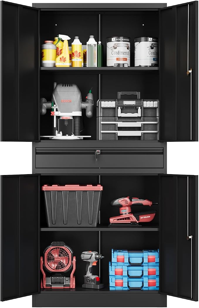 Fesbos 71" Metal Cabinet-Black Heavy Duty Storage File Cabinet Steel Tool Cabinets with Shelves, Lockable Doors and Drawers- for Garage, Pantry, Warehouse - Assembly Required