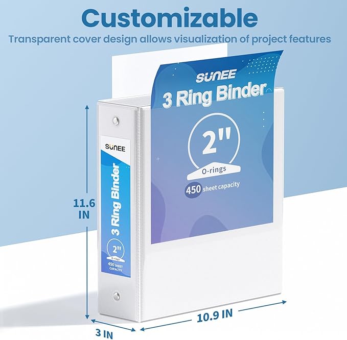 SUNEE 2 Inch Binders 3 Ring 4 Pack, PVC-Free Clear View 2" Binders (Fits 8.5x11 Inches) for School, Office & Home Use, White