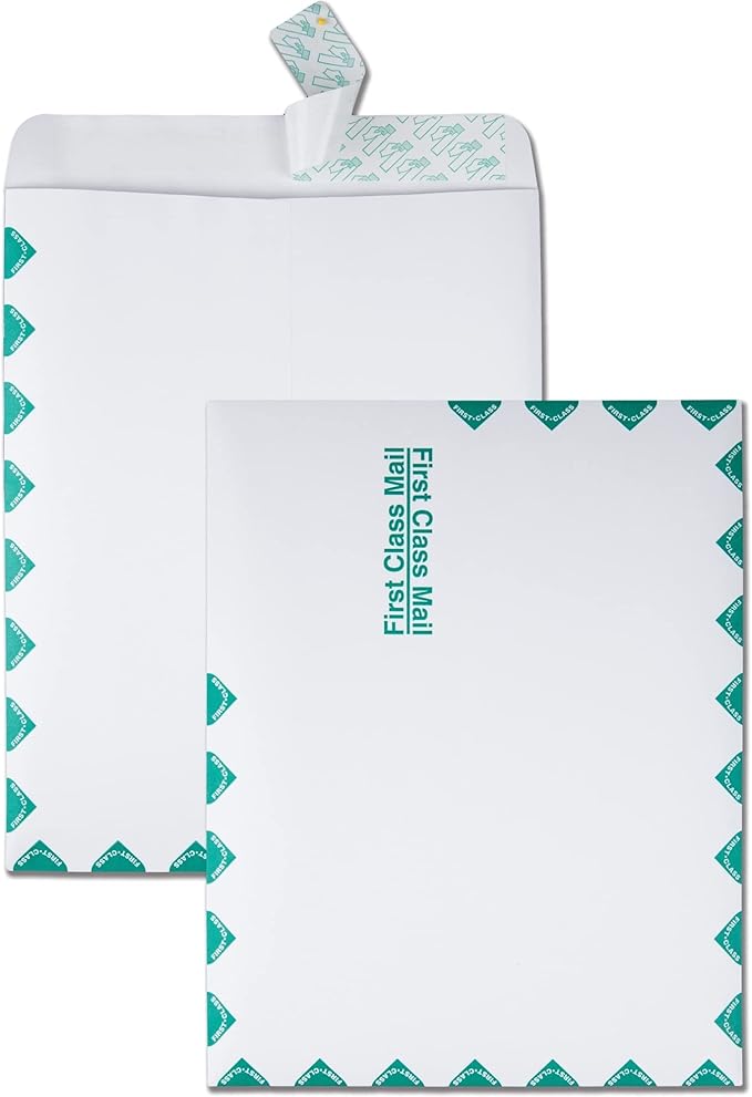 Quality Park 10 x 13 First Class Catalog Envelopes, First Class Border, Redi-Strip Self-Sealing Closure, 28 lb White Wove, 100 per Box (QUA44786)