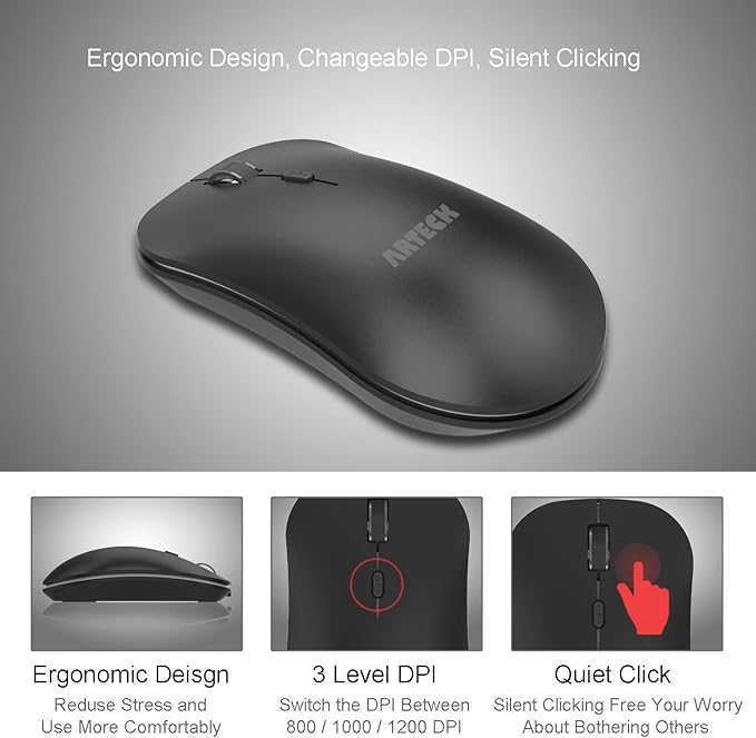 Arteck 2.4G Wireless Keyboard and Mouse Combo Stainless Steel Ultra Slim Full Size Keyboard and Ergonomic Mice for Computer Desktop PC Laptop and Windows 10/8/7 Build in Rechargeable Battery