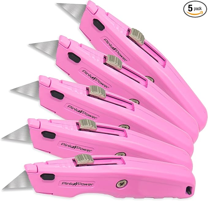 Pink Power Box Cutter Retractable, Pink Utility Knife for Carpet, Cute Box Cutter Knife Heavy Duty with 3 Blades and Storage Compartment - Opener Pocket Utility Tools for Women (5)
