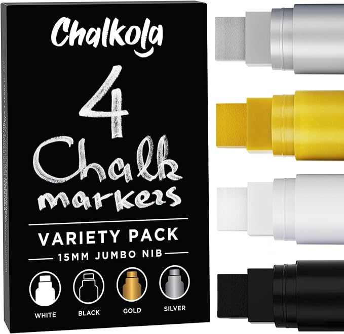 Chalkola 15mm Jumbo Washable Car Window Markers | White, Black, Gold Silver | 4, 15mm Chalk Pens - Safe Erasable Liquid Paint Chalk Markers for Blackboard Chalkboards, Glass Board, Auto Mirror