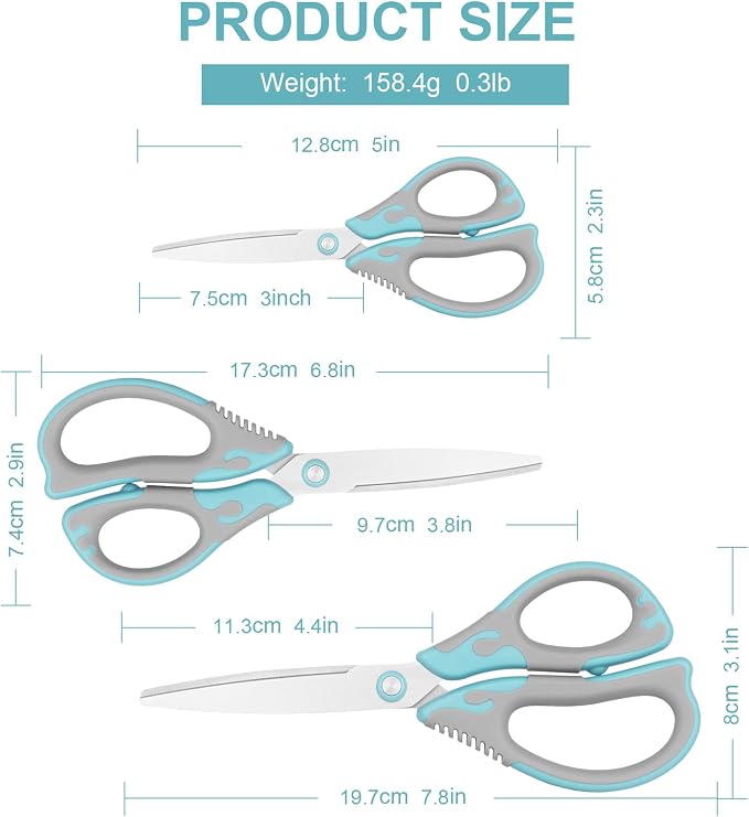 Scissors, Stainless Steel Blades, Soft Grip Handle, Suitable for Households,Offices and Schools, Green/Grey, 3 pcs/Pack