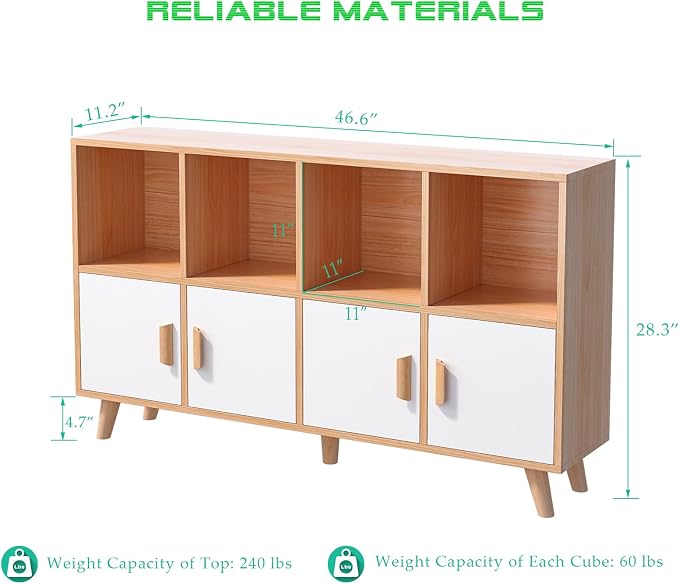 8-Cube Bookcase with Doors, 2-Tier Low Storage Cabient, Oak | Solid Wood Legs and Door Handles, Cubby Shelf with 4 Doors, Fits 11×11" Bins for Home & Office