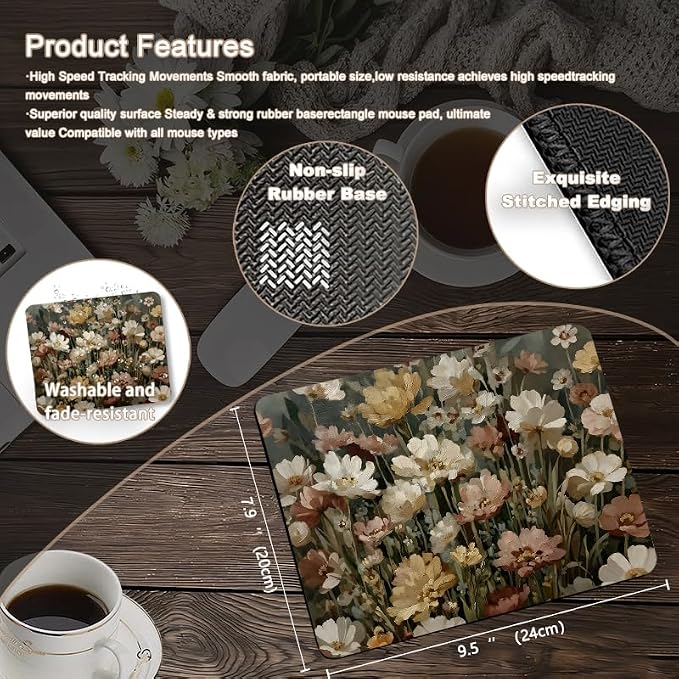 Vintage Moody Floral Square Mouse Pad, Retro Cottagecore Botanical Flower Aesthetic Mousepad Mat for Home Office Computer Gaming Desk Accessories 9.5x7.9 in