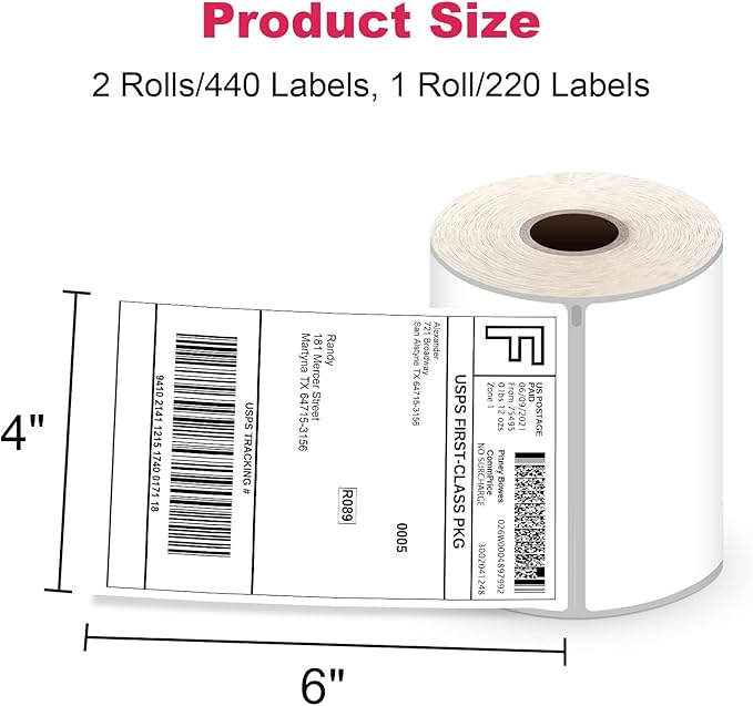 1320 Shipping Labels 4"x6" Compatible with Dymo LabelWriter 4XL 1744907, 1755120, Thermal Postage Labels for All Thermal Label Printers, Permanent Adhesive, BPA Free, 220 Labels/Roll (6 Rolls)