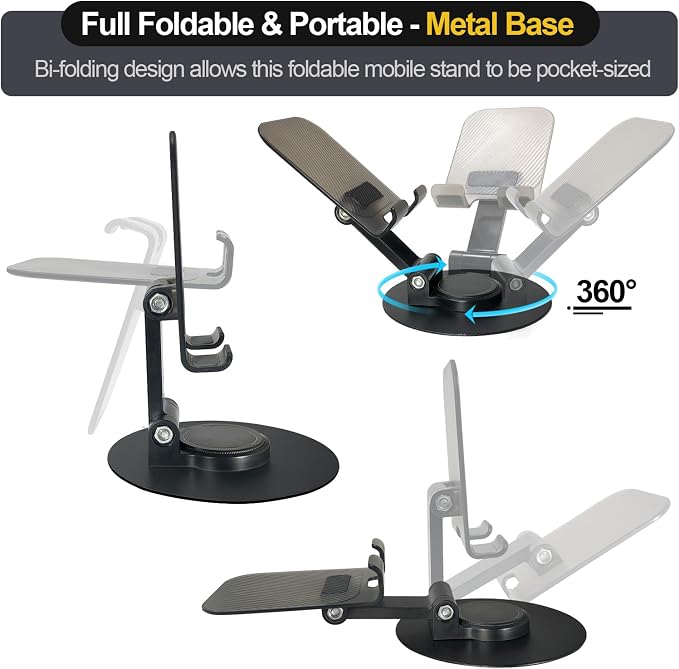 POQOD Foldable Cell Phone Stand for Desk, Fully Adjustable Phone Holder for Desk Compatible with iPhone 16 15 14 13 12, Nintendo Switch, All Phones, (Black)
