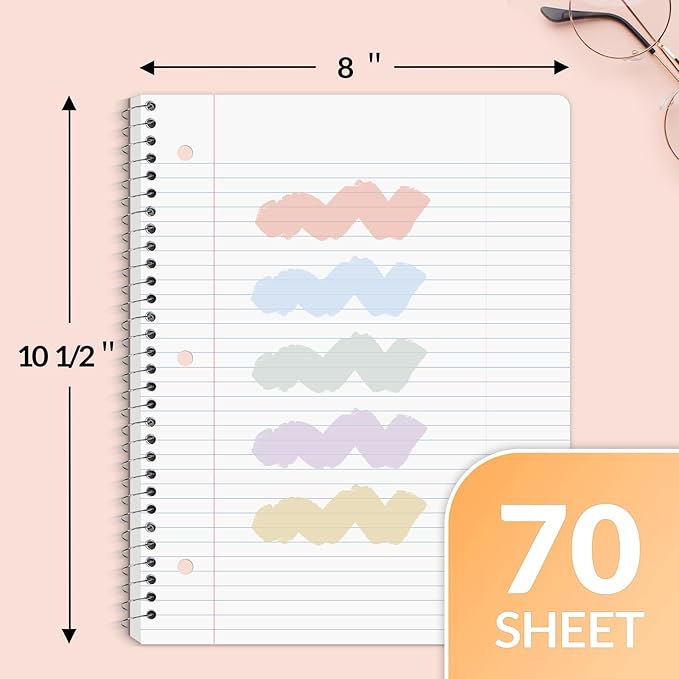 SUNEE Spiral Notebooks, 3 Pack, 1-Subject, College Ruled Paper, 8" x 10-1/2", 70 Sheets per Notebook, Assorted Pastel Colors Spiral Notebooks for School