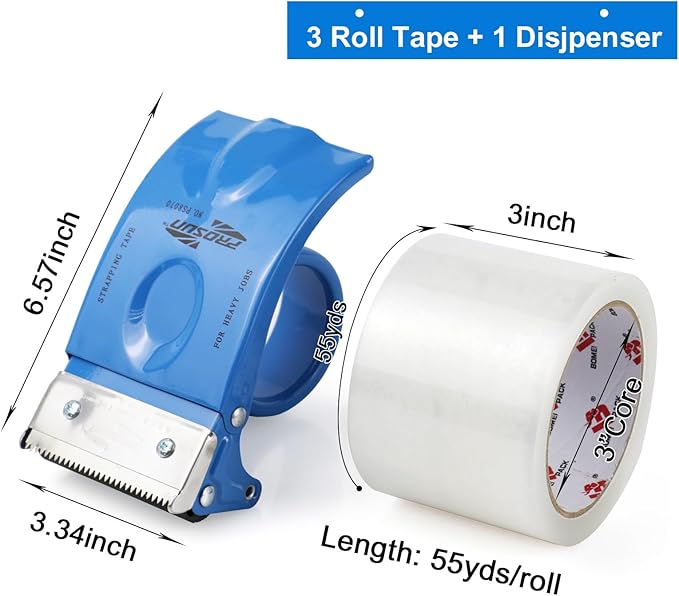 3 Inch Wide Packing Tape with Dispenser,2.4 Mil x 55 Yards Heavy Duty Packaging Tape Refill for Shipping,Industrial Grade,Urtal Strong Boxing Tape for Moving,Mailing and Storages (Clear)