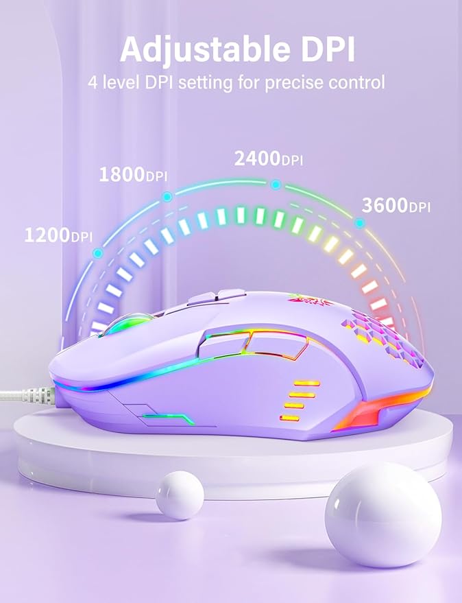 Wired USB Mouse, Computer Mouse with RGB Lighting, 4 Adjustable DPI, Ergonomic Optical Office Mouse, 7 Buttons Corded Mice for Window/PC/Laptop/Desktop/Mac/Chromebook,Purple
