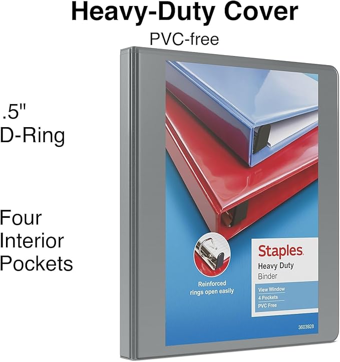 Staples Heavy-Duty 0.5-Inch D-Ring View Binder, Reinforced Spine, Holds Up to 100 Sheets, Gray, Slim Binder for Office & School