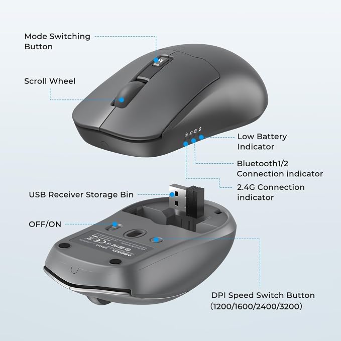 Wireless Keyboard and Mouse, 2.4GHz/Bluetooth Quiet Full Size Set, Gray | Dual-mode Bluetooth and 2.4GHz connection with a 3200 DPI adjustable mouse and extended battery life for daily use