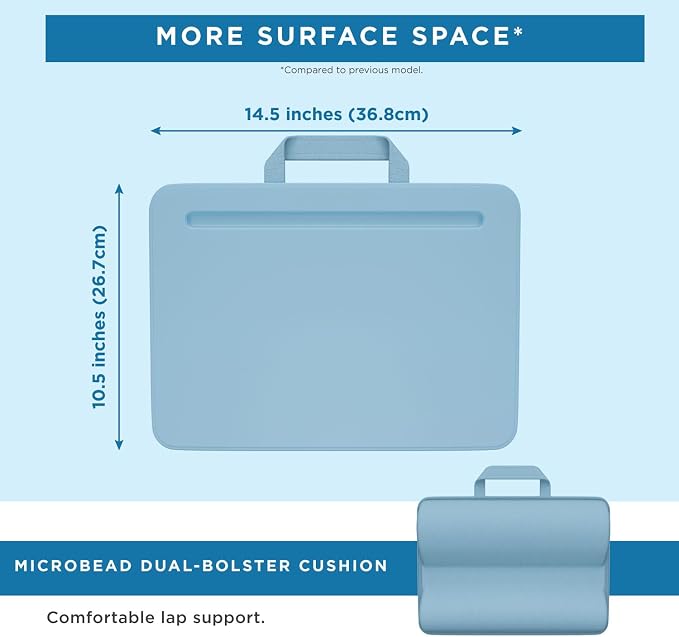 LAPGEAR Compact Lap Desk – Sky Blue, Fits 14" Laptops | Microbead Cushion, Built-In Pencil Slot, Carry Handle, Fits Standard Letter-Size Paper (8.5" × 11")