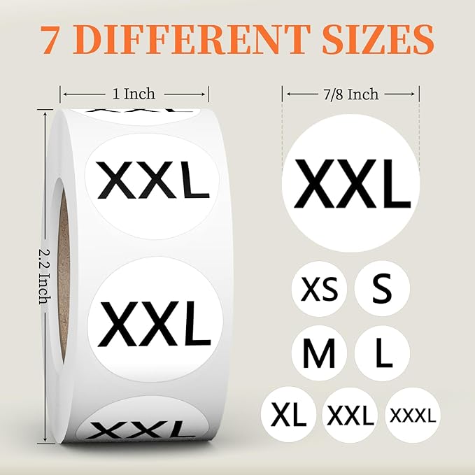 3500 Pcs 7 Rolls 7/8 Inch Size Stickers, 7 Sizes Coded Round Self Adhesive Labels for Clothing, Sticker Holder for Shirt (XS, S, M, L, XL, XXL, and XXXL), BIAlabel