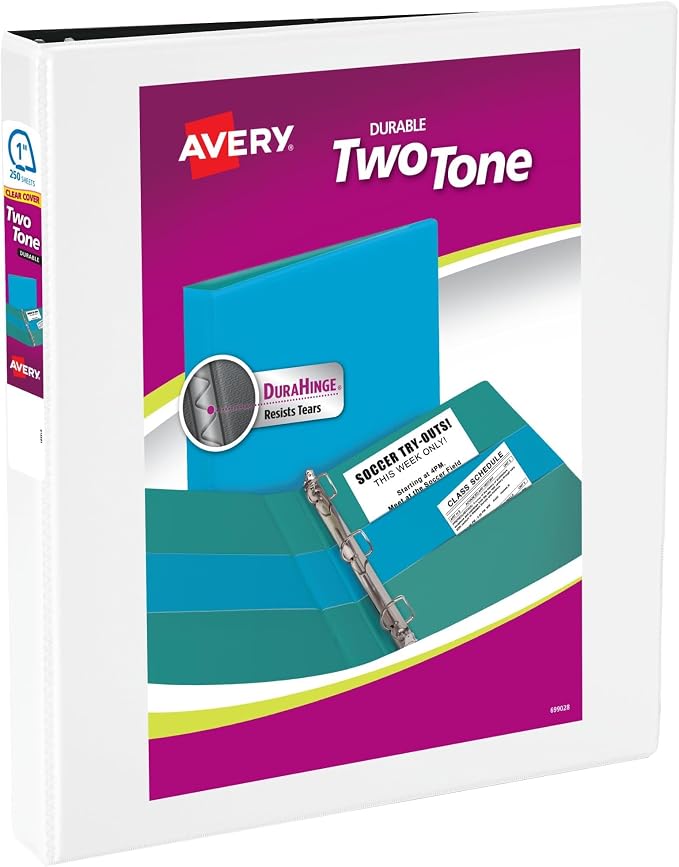 Avery Two-Tone Durable View 3 Ring Binder, 1 Inch Slant Rings, White/Black Binder (17286) (Pack of 6)