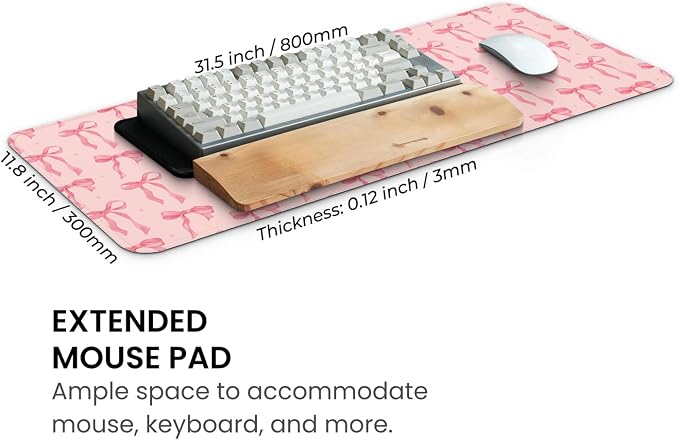 MAY FLOWER Gaming Mouse pad, Large Laptop Mousepad, Full Keyboard Mat, Long Computer Mouse Mat for Home and Office, Anti-Slip Rubber Base, 31.5 x 11.8 Inches (Pink Bow)