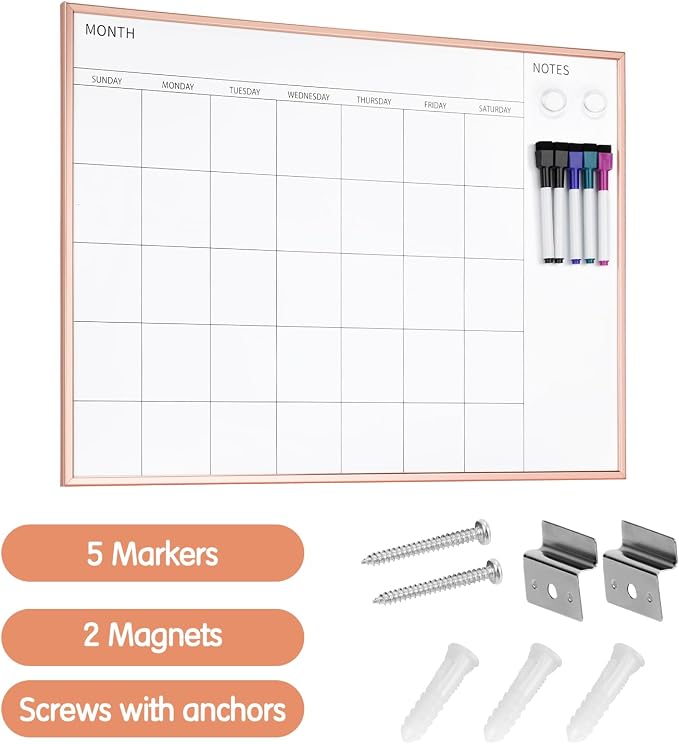 VUSIGN Monthly Calendar Whiteboard, 17" x 23", Rose Gold Frame | Magnetic Dry Erase Calendar with 2 Magnets & 5 Whiteboard Pens, Monthly Calendar Whiteboard for Office School Home