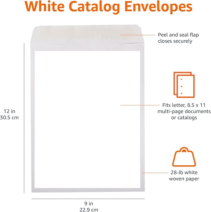 Amazon Basics Catalog Mailing Envelopes, Peel and Seal, 9x12 Inch, White, 250-Pack