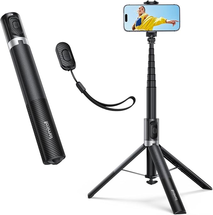 Lamicall 65" Tripod for iPhone 0.77lb Selfie Stick with Remote & Cold Shoe | Auto Open Phone Tripod Ultra-Stable Phone Stand for Recording for Travel Live Stream Vlog fit iPhone 17 Pro Max Android-Black