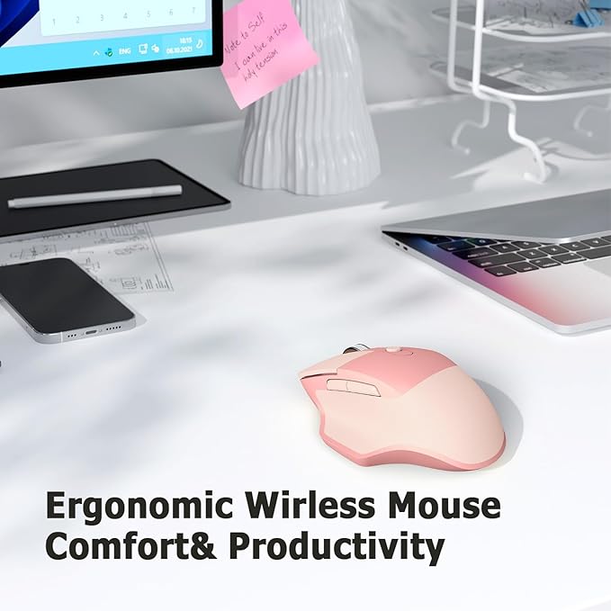 MOFII Wireless Ergonomic Mouse, Bluetooth Mouse Wireless, Quiet clicks, 5 Buttons, Ergo Mouse with Multi-Device for Windows/macOS/iPadOS, Laptop, PC - Pink