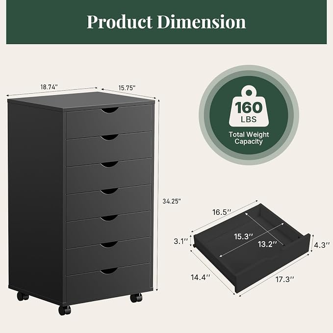 7 Drawer Mobile File Cabinet, Printer Stand with Wheels | Wood Under Desk Storage Cabinet, Rolling Printer Cart, Vertical Filing Chest for Small Space, Home Office, Living Room, Black