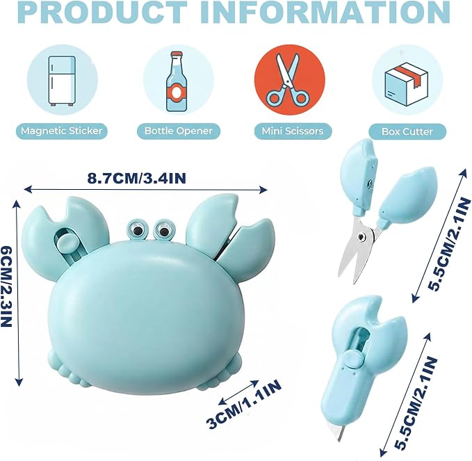 3 Pack Crab Bottle Opener, Crab-Shaped 4-in-1 Multi Tool Opener, Magnetic Fridge Magnet, Beer Opener Portable, Hidden box cutter & Mini Scissors, Compact Kitchen Gadget for Home Office