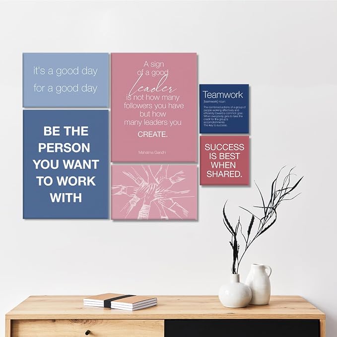 YEOION Inspirational Office Wall Art for Women,Motivational Teamwork Wall Decor for Office,Light Pink and Blue Postive Quote Workplace Canvas Wall Art for Set of 6