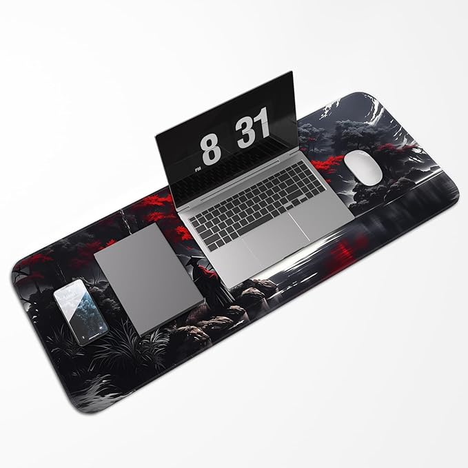 Japanese Dark Red Moon Gaming Mouse Pad, Extended Mouse Pad with Non-Slip Base, Full Keyboard Pad with Stitched Edges, Large Desk Pad for Gaming, Office, Home 31.5 x 11.8 Inch