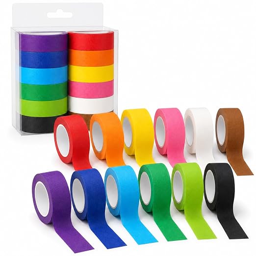 Colored Masking Tape 1 Inch, 12 Rolls, 12 Colors, 264 Total Yards | 12 colored tape rolls, 22 yd each, writable, easy to tear and remove, with a clear storage box for labeling and crafts