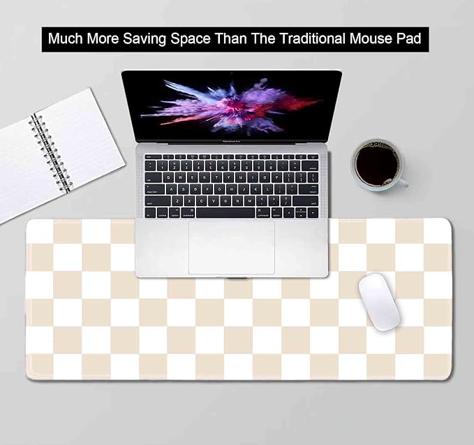Beige Sand Checkered Desk Pad, Cute Aesthetic Retro Extra Large Mouse Pad for Kids Girls, Computer Mousepad Laptop Desk Mat, Writing Mat for Work Home, 31.5 X 11.8 in