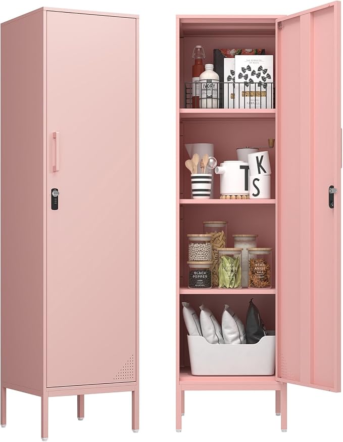 Pink Metal Locker Cabinet, 59.1" Lockable Storage Locker for Employees with Adjustable Shelves, Locking File Cabinet Door for Office, School, Gym, Garage