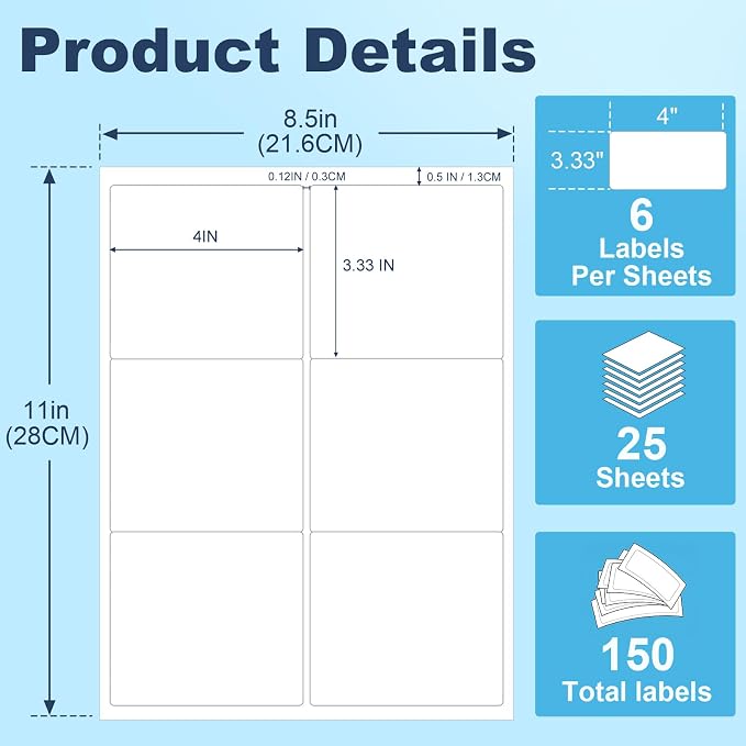 4" x 3.33" Shipping Labels - 150 Adhesive Address Labels for Laser/Inkjet Printer, Barcode, Mailing, Product, Shipping Boxes, Packaging Labels, Customizable Label Stickers (25 Sheets)