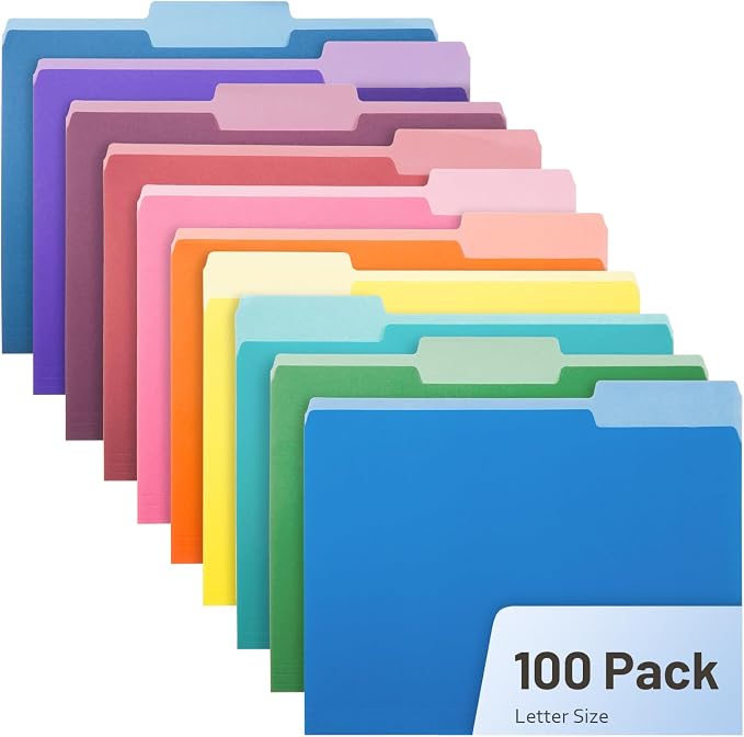 Comix Colored File Folders,100 Pack Manila Folders, Letter Size 8.5" x 11", 1/3-Cut Tabs, Assorted 10 Colors, Colored File Folders for Office, School & Business Organization