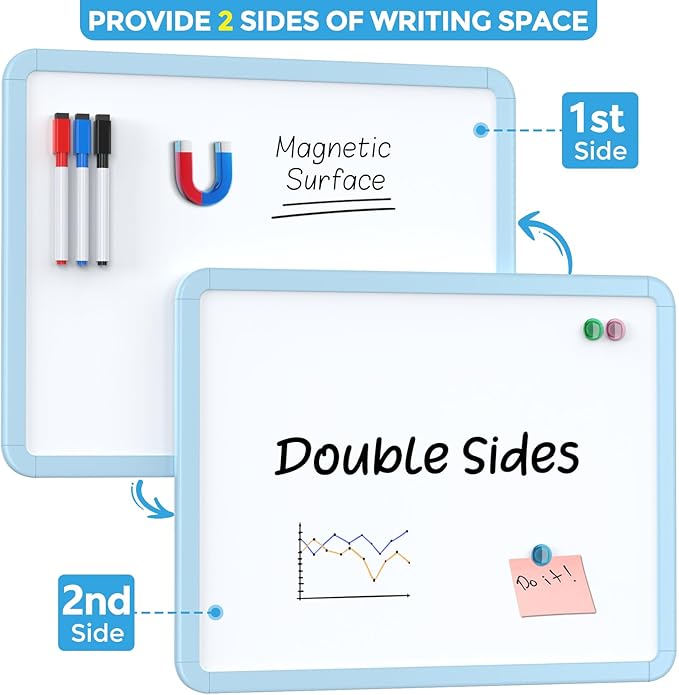 MaxGear Small Dry Erase Board for Wall, 14"x 11" Double-Sided Whiteboard with 3 Dry Erase Markers, 3 Magnets, Portable White Board for Planning, Drawing, Memo, to Do List, Blue Frame
