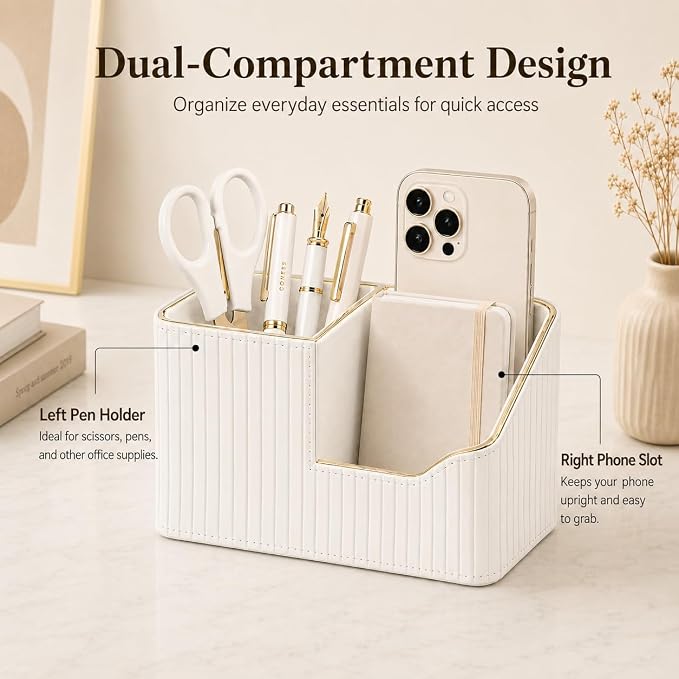 Luxury PU Leather Desk Organizer for Office Accessories, Aesthetic Pen Holder for Desk, Modern Desktop Storage Organizer for Home Office Supplies Cream White with Gold Trim