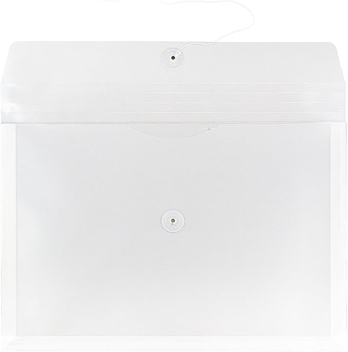 JAM PAPER Plastic Envelopes with Button & String Tie Closure - Legal Booklet - 9 3/4 x 14 1/2 - Clear - 12/Pack