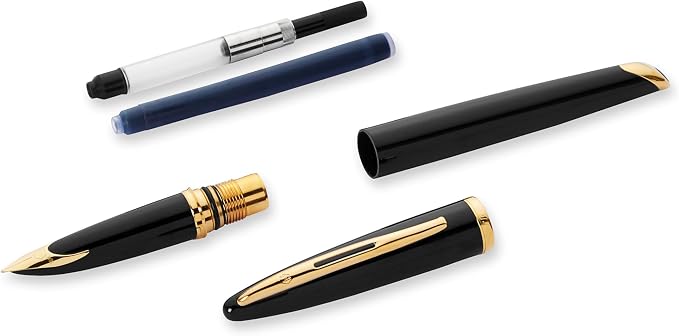Waterman Carène Black Sea Fountain Pen High-Gloss Black & 23k Gold Clip Medium Nib with Blue Ink Cartridge Gift Box