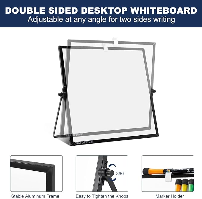 Small White Board - 10 X 10 Inches Black Framed Dry Erase Board | Magnetic Desktop Whiteboard Stand 360 Degrees Revolving Double Sided for Office, Home, School, with Hooks for Wall