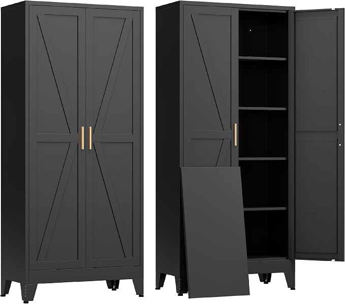 COFaR Black Farmhouse Storage Kitchen Pantry Cabinet with 2 Barn Door, 4 Adjustable Shelves and Legs, for Cupboard/Dining Room/Bathroom/Living Room/Office/Laundry Room (Black, 71" Farmhouse)
