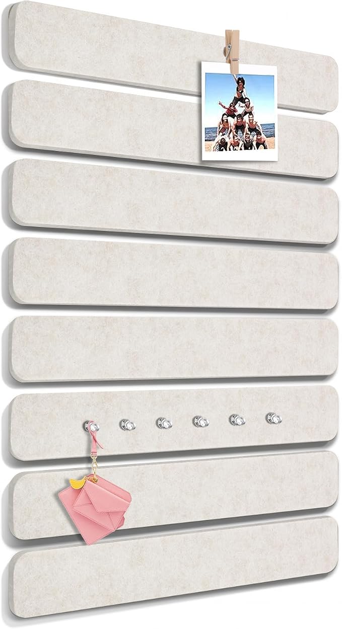 Thboxes 8 Pack Felt Bulletin Board Strips, 13x2 Inch Self Adhesive Felt Pin Boards with 50 Pushpins and 10 Wooden Clips Push Pins, Cork Board for Walls Home Office Decor(Oatmeal)