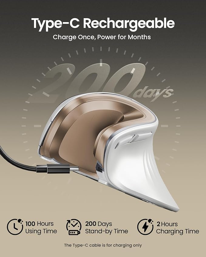 ProtoArc EM11 NL Wireless Ergonomic Mouse, Rechargeable, White Gold | 58° vertical design supports a natural wrist posture, connect 3 devices via Bluetooth/2.4G USB-A, 500mAh USB-C rechargeable.