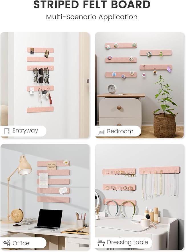 Fluxynara 13" x 2" Felt Wall Panels, Pink | 5-Pack Includes 35 Push Pins and Adhesive Tabs for Photos, Notes and Decor in Bedroom Doors, Home Office or Studios