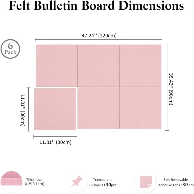 36" x 24" Decorative Bulletin Boards, Large Cork Board Alternative | 30 Pushpins,30 Adhesive Tabs, Solid-Tile 6-Pack Felt Wall Tiles, Cork Boards for Office Push Pin Board Felt Board, Coral Pink | 30 Pushpins,30 Adhesive Tabs, Solid-Tile 6-Pack Felt Wa...